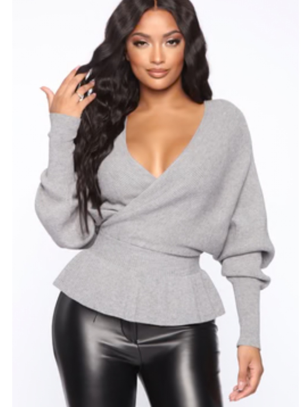Fashion Nova Gray V-Neck Wrap Peplum Sweater